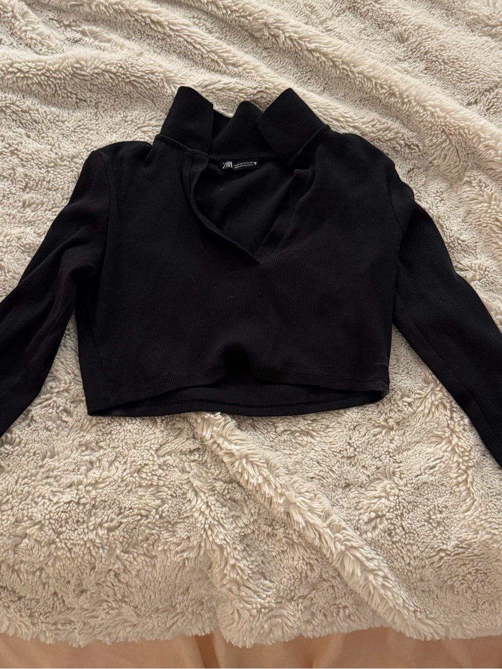Zara Black Cropped V-Neck Long Sleeve Top